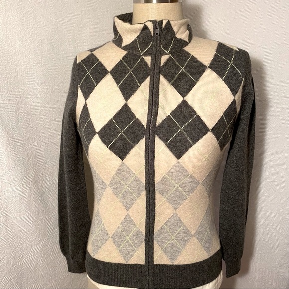 Pure 2 ply cashmere XS cashmere zip front sweater. Grey, oatmeal - Picture 1 of 8